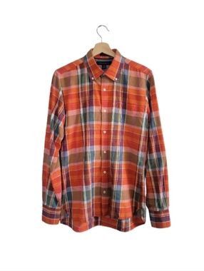 TOMMY HILFIGER Plaid Button-Down Shirt Size S Orange Multicolor Preppy Smart